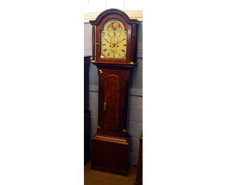 Behr Herrmann &amp; Co early/mid 19th century mahogany cased longcase clock, the arched painted dial with moon phase 8-day mo