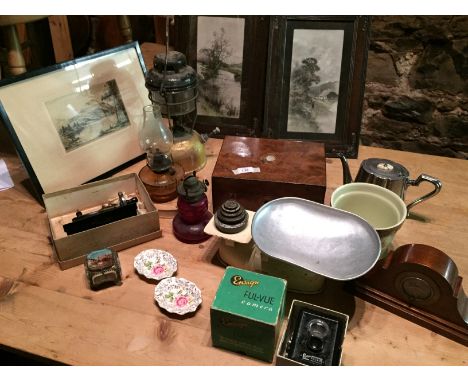 A general selection of items including a small timber box, a miniature sewing machine, a full view camera boxed a mantle cloc