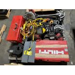 Pallet of Misc. Tools, Saws, Drills, Drill Chargers, Work Lights, Toolboxes, Beam Clamp