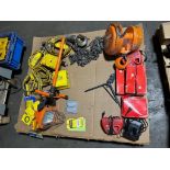 Pallet of Misc. Tools, Work Light, Hubbell Circuit Guard, Drill Battery Chargers, Cyclone Chain Hois