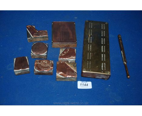 A quantity of copper Print Blocks advertising Dunlop Cricket Balls, etc. plus a brass and wood Cribbage Board, etc.