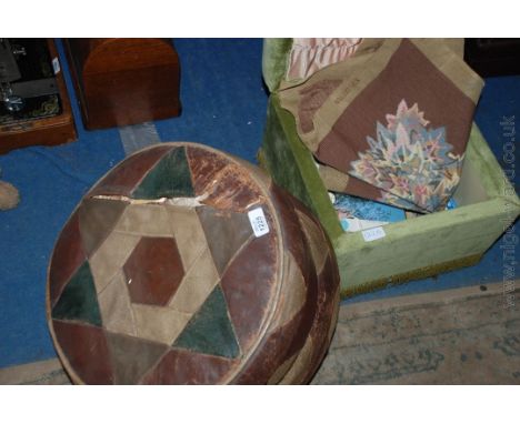 A green button topped Pouffee/sewing box and contents including two Redicut tools, buttons, cottons, etc. and a Leather Pouff