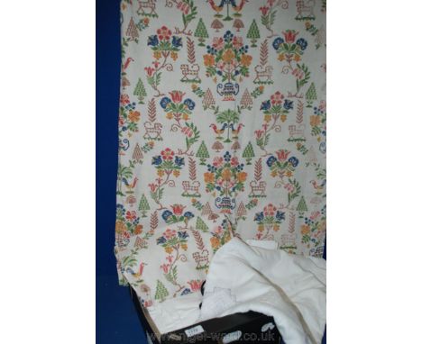 Two vintage linen folk art style design curtains and other items of linen - table cloths etc.