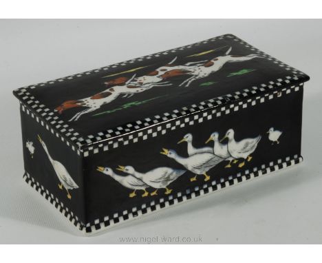 A Silian ware Soho Pottery Ltd., Cobridge England rectangular Pot and lid, with the sides depicting geese with goslings and t