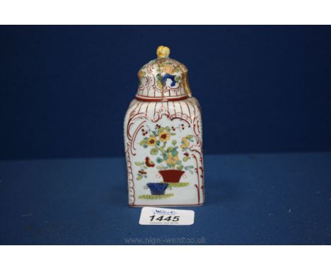 A small soft paste porcelain Tea Caddy, lid being as found, and having red hunting horn mark for Chantilly to base, 4 3/4'' t