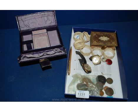 A small leather bound Church Service, bone napkin rings, gents manual wristwatches, Timex and Gradus, miscellaneous coins, et
