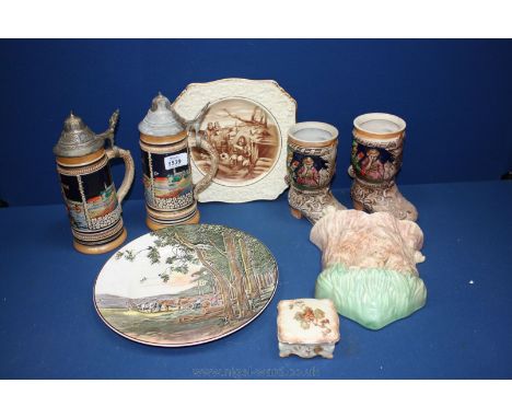 A box of china including two lidded steins, Sylvac Vase with pixie (as found), Limoges trinket pot, etc.