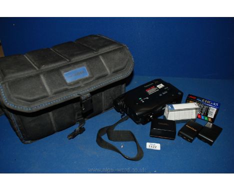 A Panasonic Al Slim Palm Video Camera with spare battery and new JVC tape in a Provideo soft fabric case