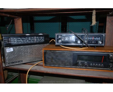 Three vintage Radios - Roberts, Binatone and Perdio plus an alarm clock