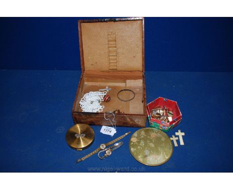 A Crocodile skin Box, a/f with miscellaneous cuff links, compact, ladies wristwatches, crucifix, etc.