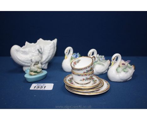 Three Adderley floral swans one a/f, two miniature Coalport "Ming Rose" cups and saucers and one plate, a Coalport shell bowl