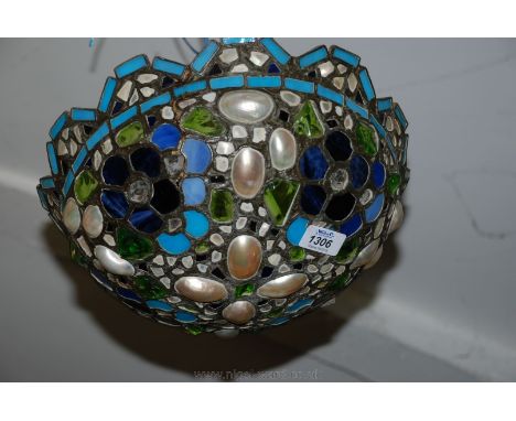 An antique Tiffany style hanging light Shade with shards of glass and shells incorporated