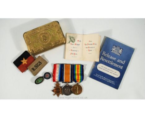 A set of three WWI Medals presented to 1894 Pte H.J. Finch, Hereford R., two enamel Old Comrades Assoc. Badges and a Brass Pr