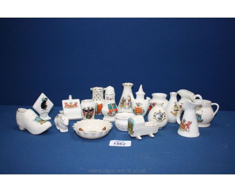 A quantity of commemorative china including Rabbit, puzzle jug Tottenham, cheese dish, jugs, good luck from Colwyn Bay, etc.