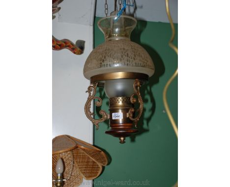 A metal and wood base Ceiling light fitting with glass chimney, chimney as found