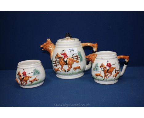 A PPC three piece Teaset with fox head and hunting design, the milk jug being as found.