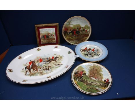 An oval hunting pattern Plate, three other hunting Plates and a framed Tile