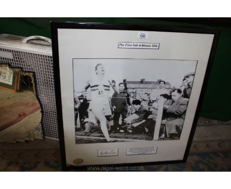 A framed reproduction Photograph of ''First sub-minute Mile'' signed Roger Banister with Sportizus certificate to rear 