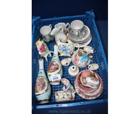 A quantity of china including a pair of Limoges vases, pretty trinket dishes, Delft clogs, USSR wren, small Masons cream jug,