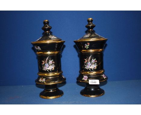 A pair of Greek vases with lids. 12'' high, 24 ct gold rims