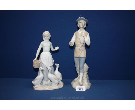Two Lladro style figures, one of a lady with geese, the other of a gent holding a duck.