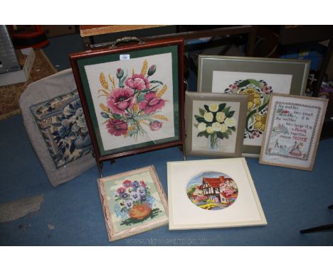 A Woolwork fire Screen and six other tapestries 