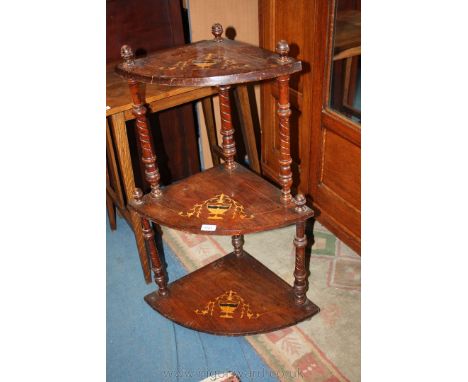 A late Victorian Rosewood and Beech three tier corner Wotnot, the three graduated Rosewood veneered tiers having urn and flor