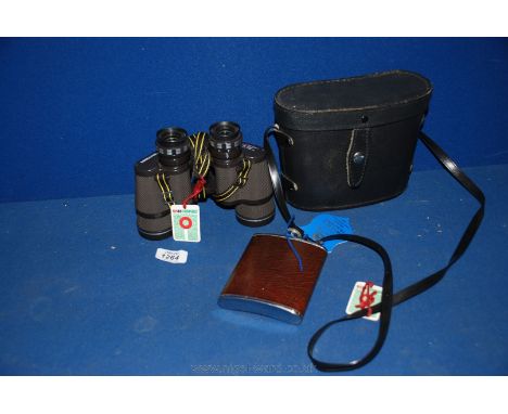 A pair of cased Miranda 8 x 40 Binoculars and a leather and chrome Hip Flask