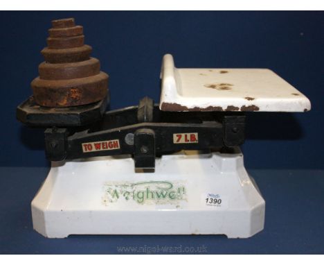 A 'Weighwell' enamel Scales and weights