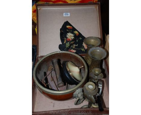 A pair of ornamental Brass Vases together with a matching pair of snake Candlesticks, plus an old flat iron, wooden bowl with