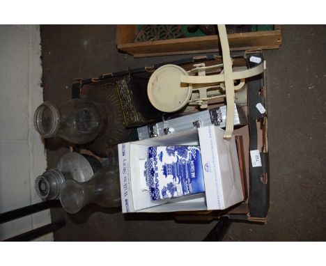 BOX OF MIXED ITEMS - OIL LAMP, KITCHEN SCALES ETC