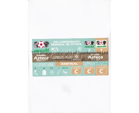 1986 WORLD CUP      Unused ticket for Semi-Final, Argentina v Belgium 25/6/1986 at the Aztec Stadium. Staple holes on the lef