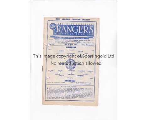 1952 RANGERS V ABERDEEN      Programme for League Cup tie at Ibrox on 16/8/52. Punch holes.   Fair