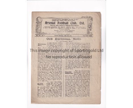 ARSENAL     Programme for the home League match v WBA 5/4/1920, very slightly creased.     Generally good