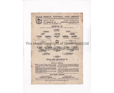 ARSENAL     Single sheet programme for the home Friendly v England Amateur XI 10/11/1952, slightly creased, team changes, sco