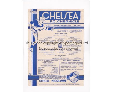 ALLIED ARMIES XI V THE BRITISH ARMY 1941 AT CHELSEA FC     Single sheet programme for the match at Stamford Bridge 15/3/1941,