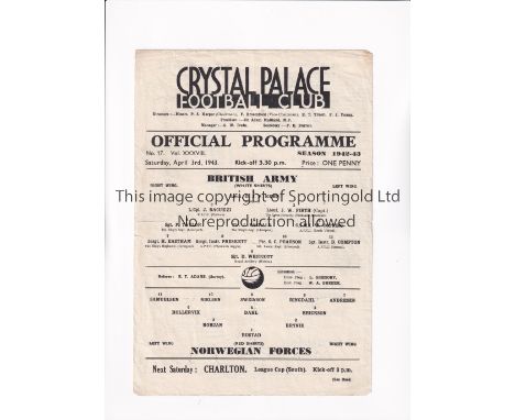 BRITISH ARMY V NORWEGIAN FORCES 1943     Single sheet programme for the match at Crystal Palace FC 3/4/1943, slightly creased
