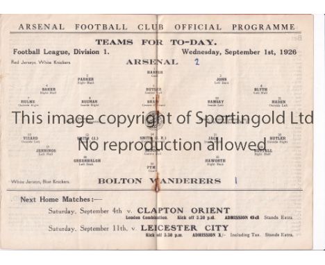 ARSENAL    Programme for the home League match v Bolton Wanderers 1/9/1926, staples rusted away and scores entered.     Gener