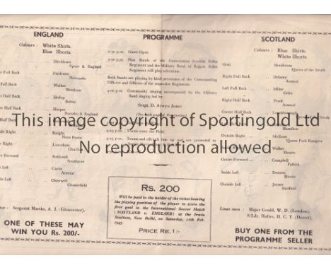 WARTIME FOOTBALL IN INDIA 1945 / ENGLAND V SCOTLAND      Programme for the Army match in New Delhi 17/2/1945, clear tape at t