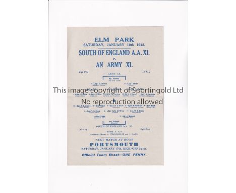 SOUTH OF ENGLAND A.A. XI V AN ARMY XI 1942      Single sheet programme for the match at Reading FC 10/1/1942.    Very good