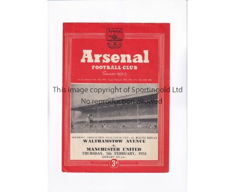 MANCHESTER UNITED      Programme for the away FA Cup tie v Walthamstow Avenue 5/2/1953 at Arsenal F.C..    Generally good