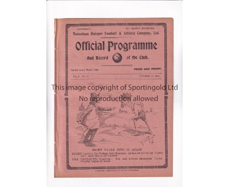 TOTTENHAM HOTSPUR      Programme for the home London Challenge Cup tie v Crystal Palace 21/10/1912, ex-binder.       Generall
