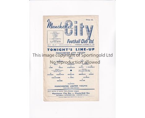 MANCHESTER UNITED         Single sheet programme for the away FA Youth Cup tie Manchester City 17/11/1954 , very slight horiz