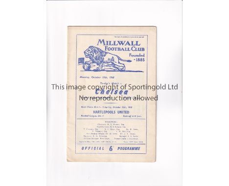 1960/1 LEAGUE CUP FIRST SEASON / MILLWALL V CHELSEA      Programme for the tie at Millwall 10/10/1960.     Good