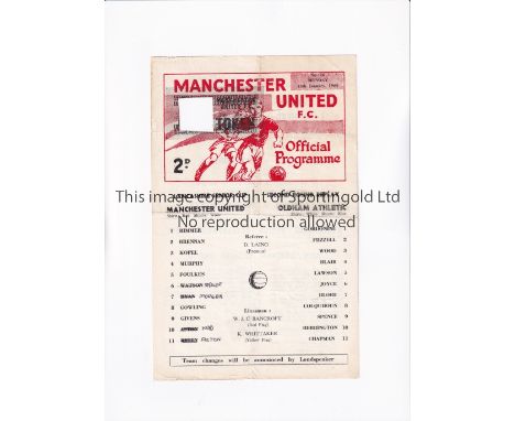 MANCHESTER UNITED      Single sheet programme for the home Lancashire Senior Cup tie v Oldham Athletic 13/1/1969, creased, to