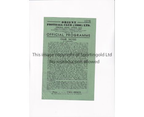 ORIENT V NORWICH CITY 1946 CUP       Programme for the Division 3 Cup tie at Leyton 12/1/1946.     Good