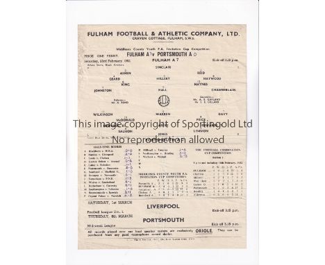 FULHAM V PORTSMOUTH 1952      Single sheet for the Middlesex County Youth F.A. Invitation Cup tie at Fulham 23/2/1952, slight