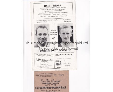 ARSENAL Ticket to win the autographed match ball for the away FA Cup tie v Darlington 9/1/1965, slightly creased plus the pro