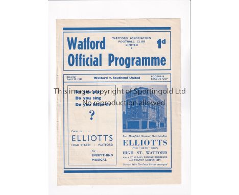 WATFORD V SOUTHEND UNITED 1940 CUP     Programme for the F.L. Regional League Cup tie at Watford 27/4/1940, slightly creased.