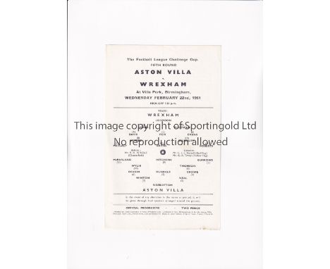 ASTON VILLA 1960/1 LEAGUE CUP FIRST SEASON      Single sheet programme for the home tie v Wrexham 22/2/1961. Villa won the Cu